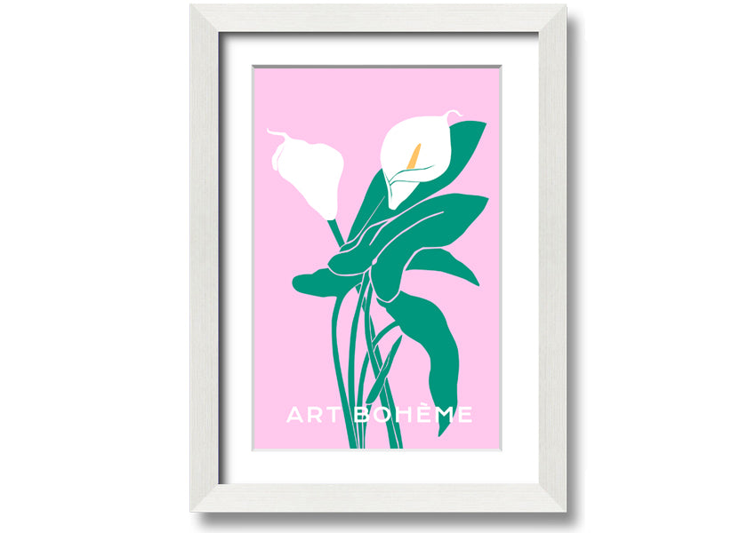 Framed print of vibrant lilies on a soft pink background, showcasing multiple frame color options.