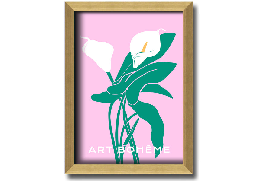 Framed print of vibrant lilies on a soft pink background, showcasing multiple frame color options.