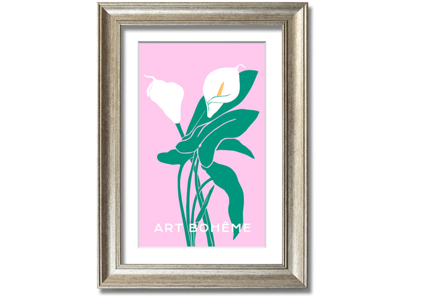 Framed print of vibrant lilies on a soft pink background, showcasing multiple frame color options.