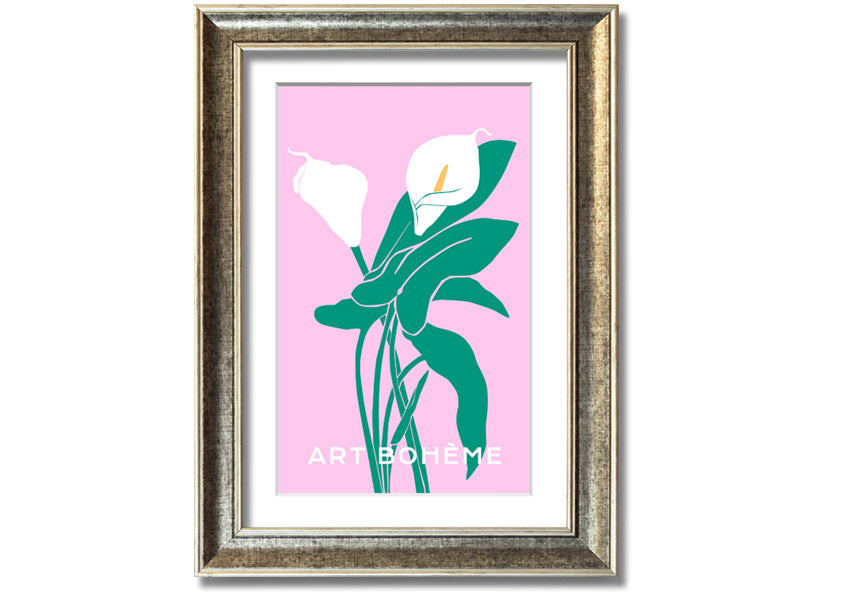 Framed print of vibrant lilies on a soft pink background, showcasing multiple frame color options.