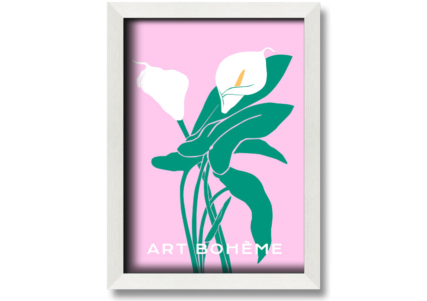 Framed print of vibrant lilies on a soft pink background, showcasing multiple frame color options.