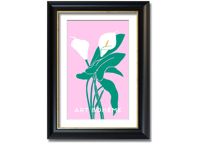 Framed print of vibrant lilies on a soft pink background, showcasing multiple frame color options.