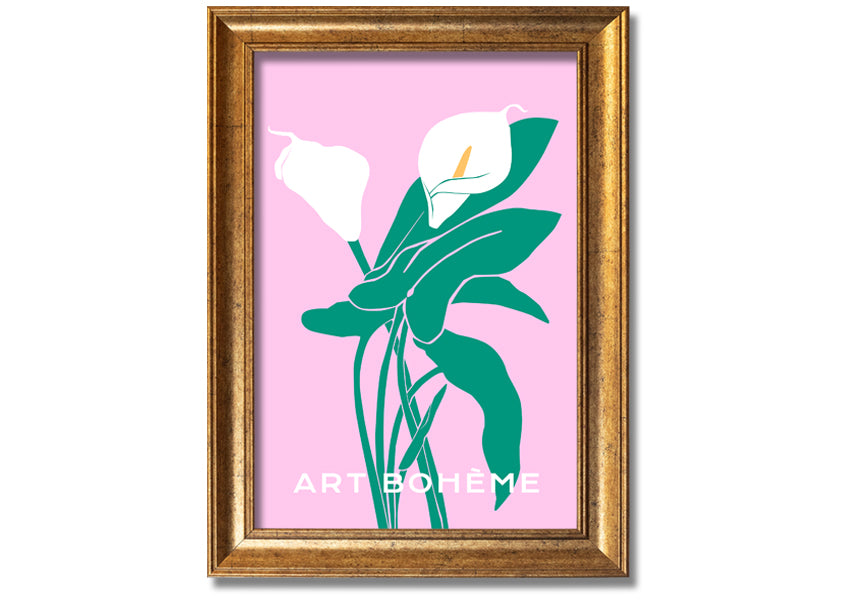 Framed print of vibrant lilies on a soft pink background, showcasing multiple frame color options.