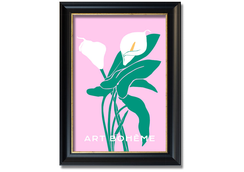 Framed print of vibrant lilies on a soft pink background, showcasing multiple frame color options.