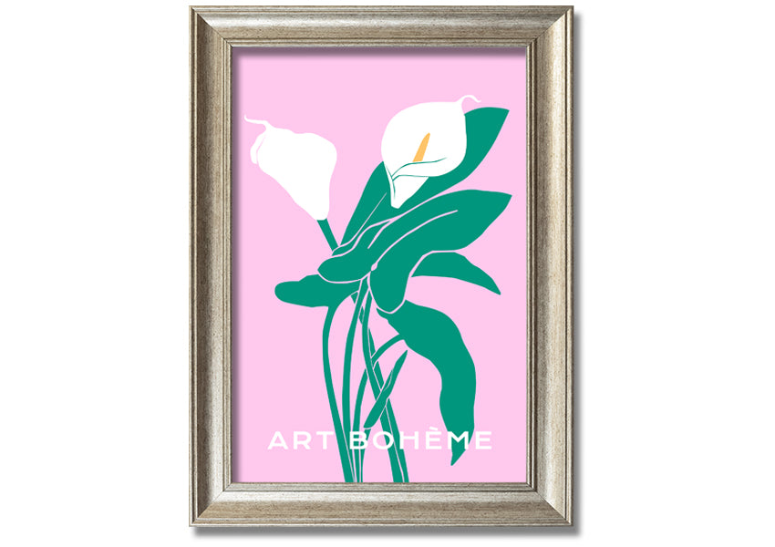 Framed print of vibrant lilies on a soft pink background, showcasing multiple frame color options.