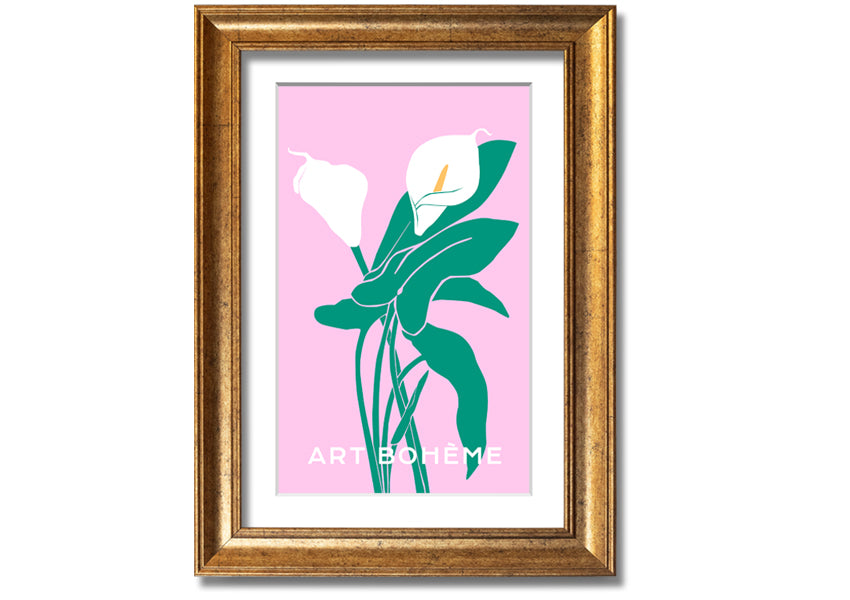 Framed print of vibrant lilies on a soft pink background, showcasing multiple frame color options.