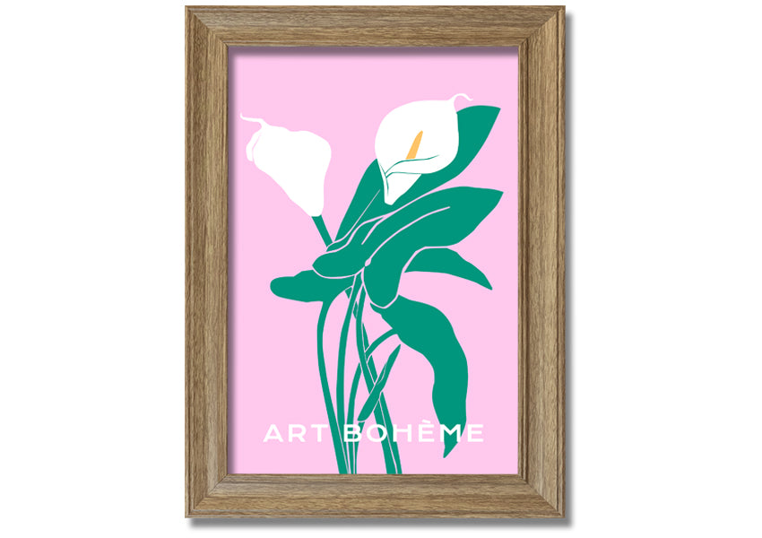 Framed print of vibrant lilies on a soft pink background, showcasing multiple frame color options.