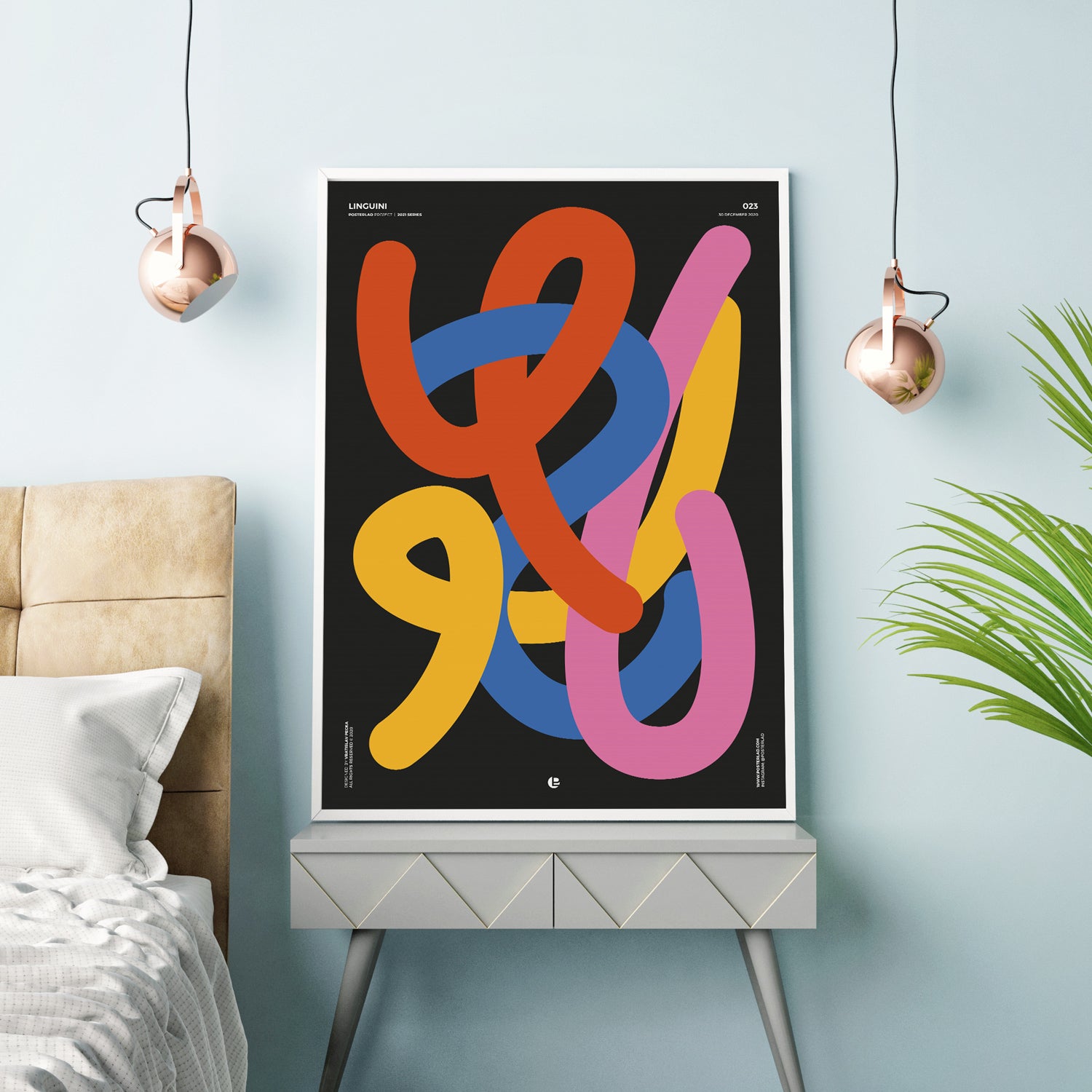 Vibrant Linguini poster featuring colorful pasta design on thick matte paper, perfect for home decor.