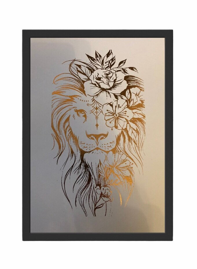 A stunning lion foil print featuring a rose gold lion on a white background, symbolizing courage and strength.