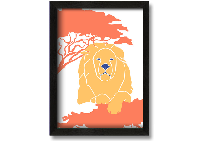 A beautifully framed print of a lion in a serene pose, showcasing its majestic features, available in various frame colors.