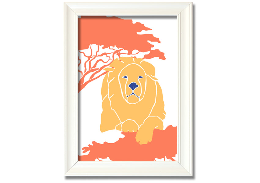 A beautifully framed print of a lion in a serene pose, showcasing its majestic features, available in various frame colors.