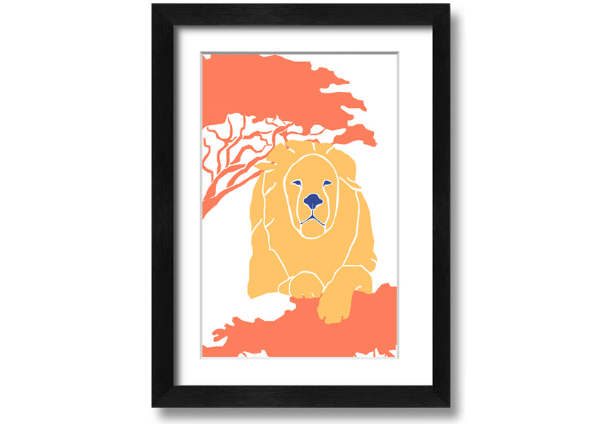 A beautifully framed print of a lion in a serene pose, showcasing its majestic features, available in various frame colors.