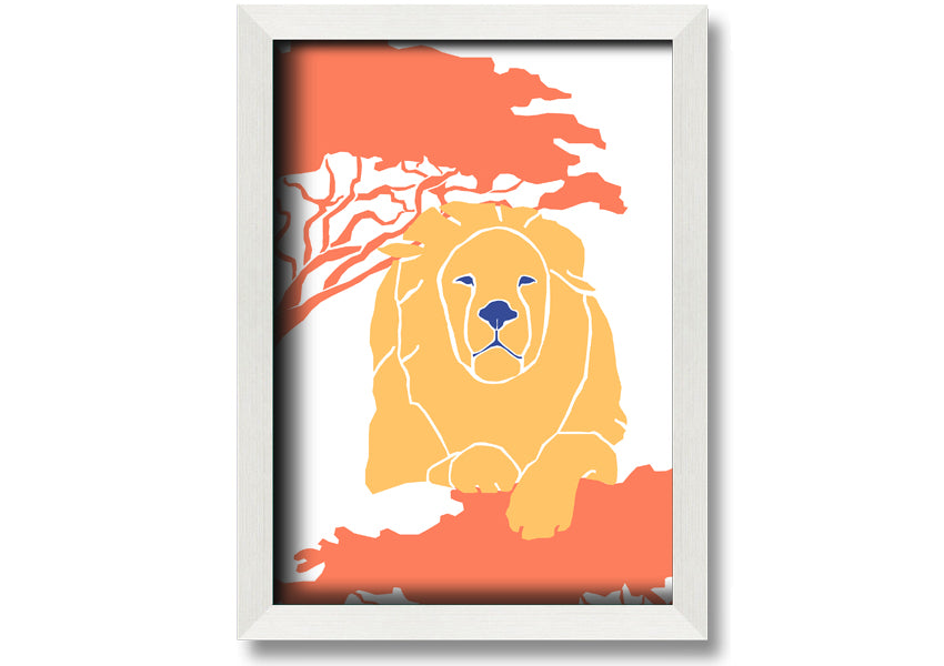 A beautifully framed print of a lion in a serene pose, showcasing its majestic features, available in various frame colors.