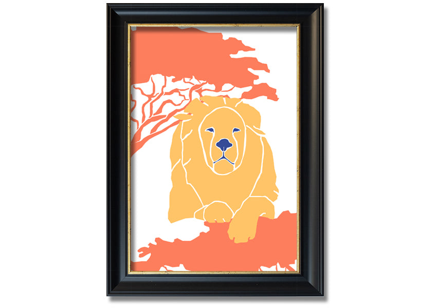 A beautifully framed print of a lion in a serene pose, showcasing its majestic features, available in various frame colors.