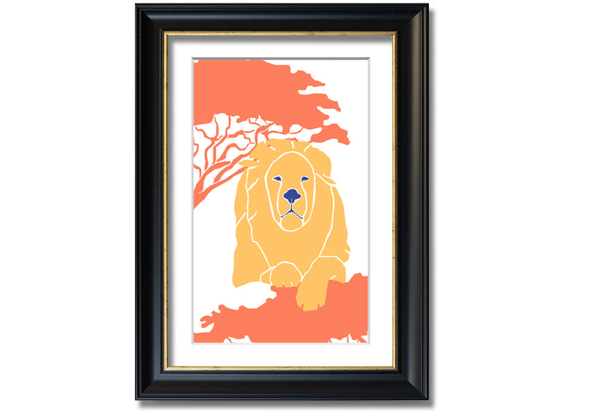 A beautifully framed print of a lion in a serene pose, showcasing its majestic features, available in various frame colors.