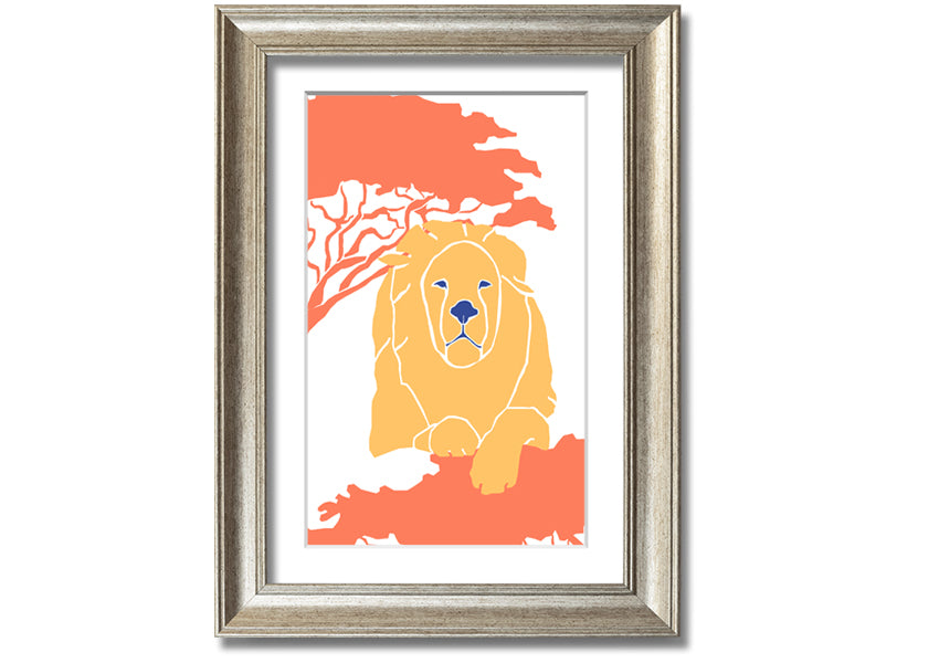 A beautifully framed print of a lion in a serene pose, showcasing its majestic features, available in various frame colors.