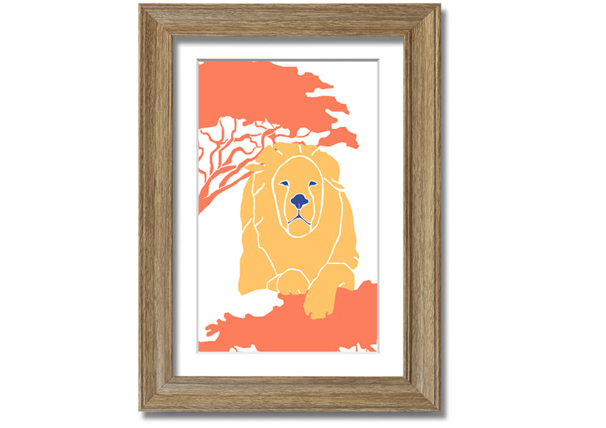 A beautifully framed print of a lion in a serene pose, showcasing its majestic features, available in various frame colors.