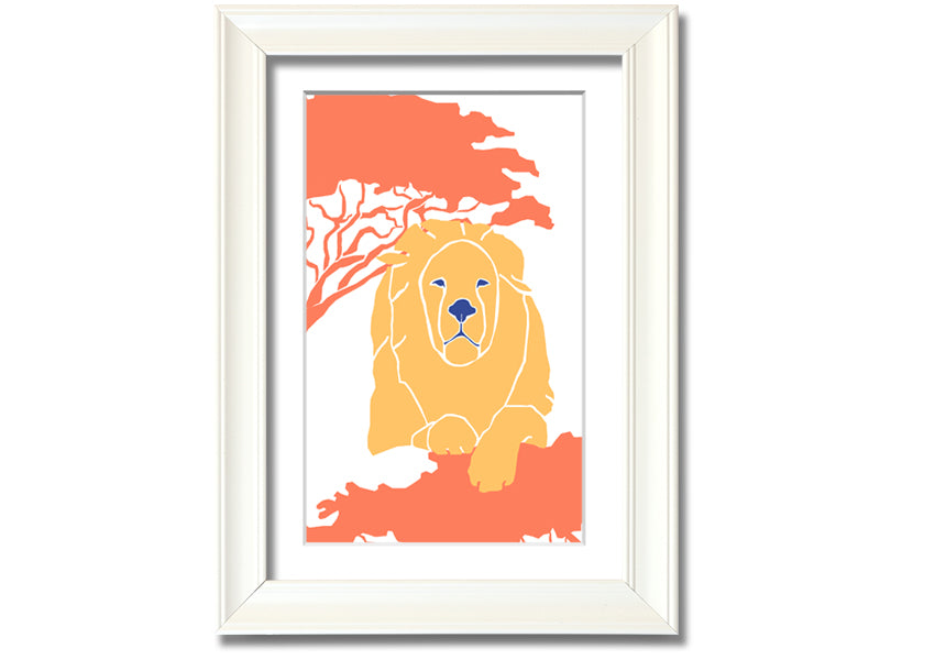 A beautifully framed print of a lion in a serene pose, showcasing its majestic features, available in various frame colors.