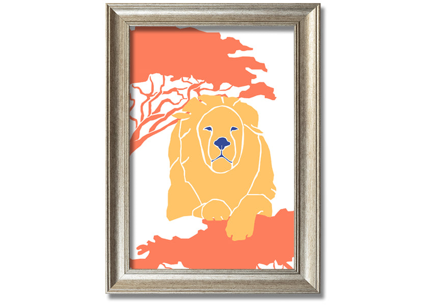 A beautifully framed print of a lion in a serene pose, showcasing its majestic features, available in various frame colors.