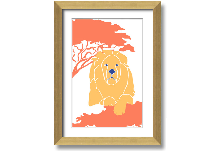 A beautifully framed print of a lion in a serene pose, showcasing its majestic features, available in various frame colors.