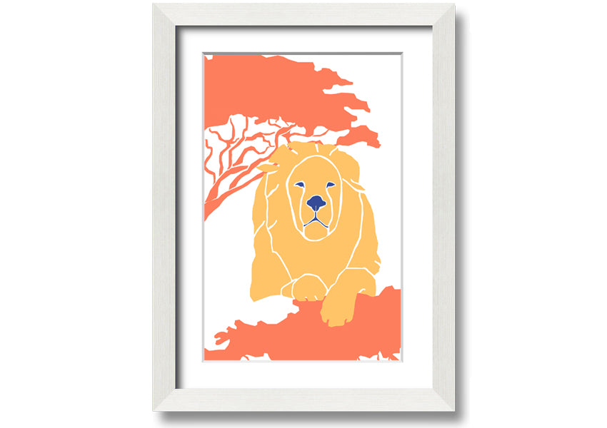 A beautifully framed print of a lion in a serene pose, showcasing its majestic features, available in various frame colors.