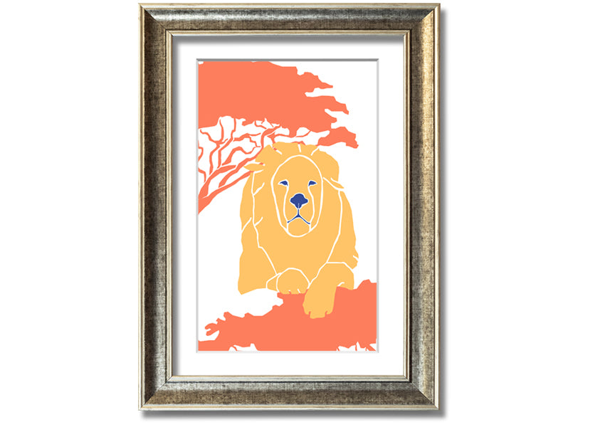 A beautifully framed print of a lion in a serene pose, showcasing its majestic features, available in various frame colors.