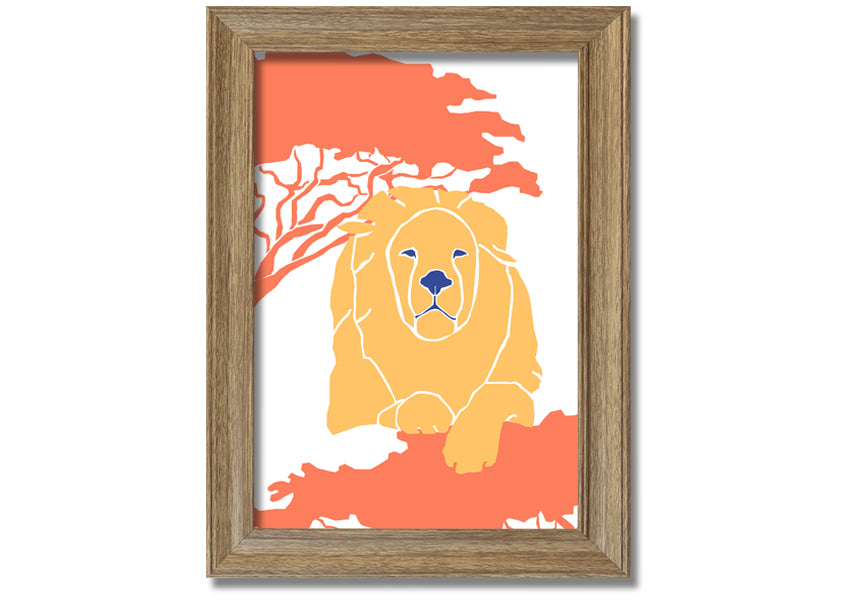 A beautifully framed print of a lion in a serene pose, showcasing its majestic features, available in various frame colors.