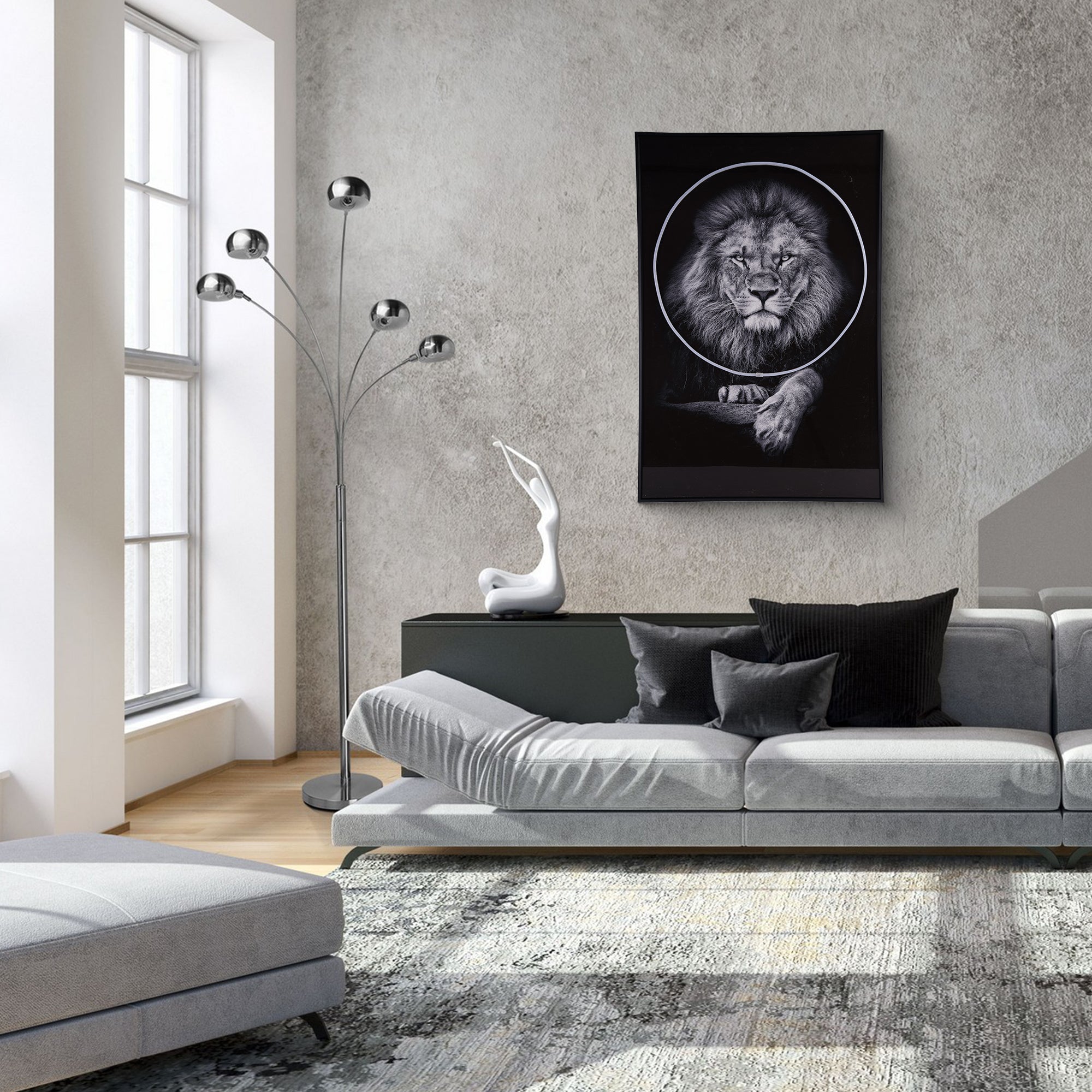 A stunning Lion Wall Art piece illuminated with LED lights, showcasing intricate details and modern design, perfect for home decor.