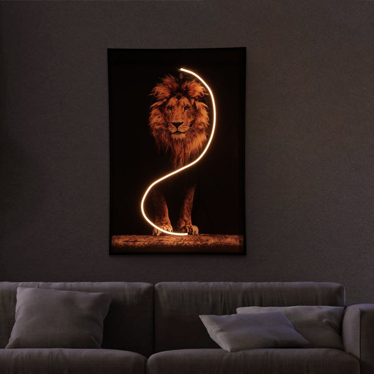 A stunning Lion Wall Art piece illuminated with LED lights, showcasing intricate details and modern design, perfect for home decor.