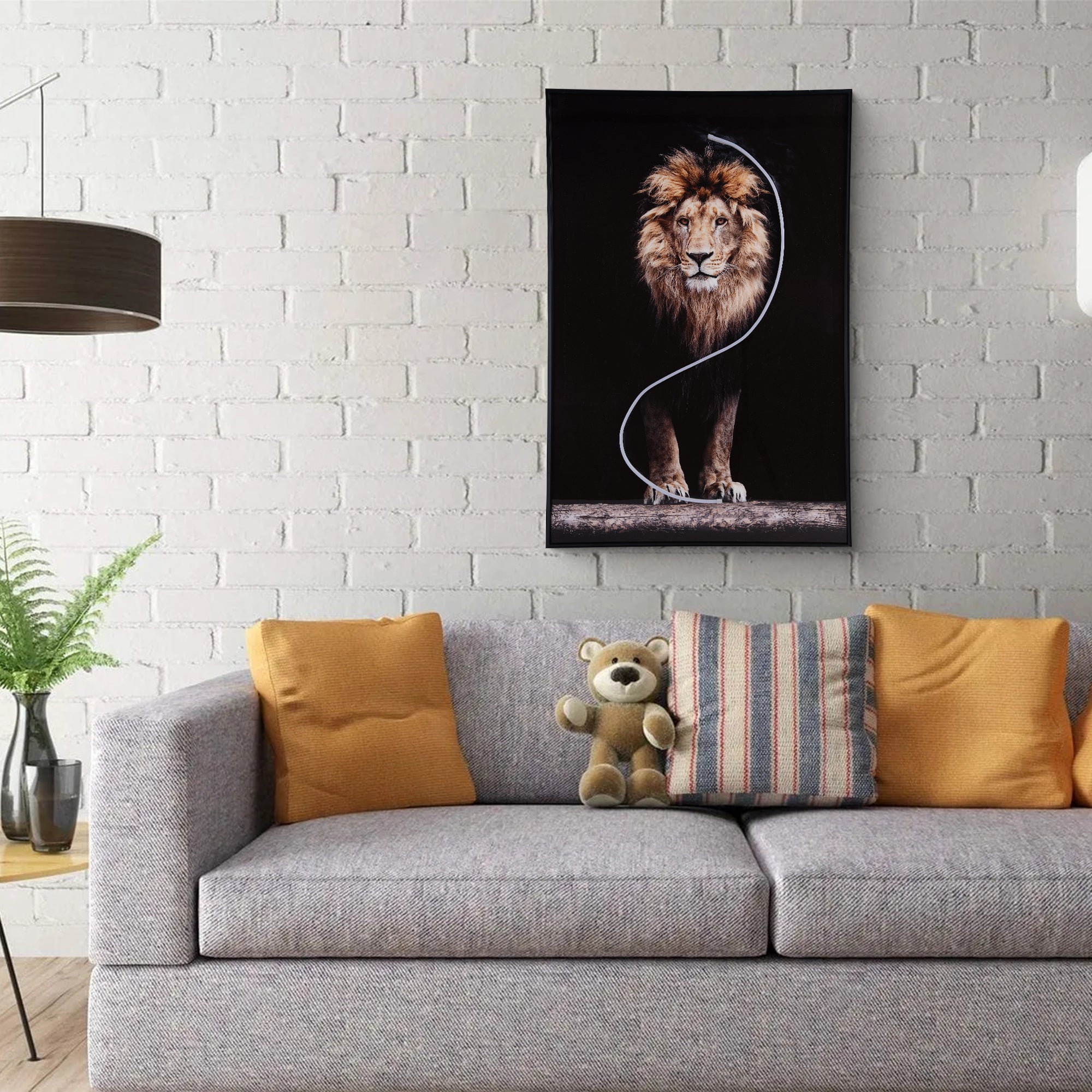 A stunning Lion Wall Art piece illuminated with LED lights, showcasing intricate details and modern design, perfect for home decor.