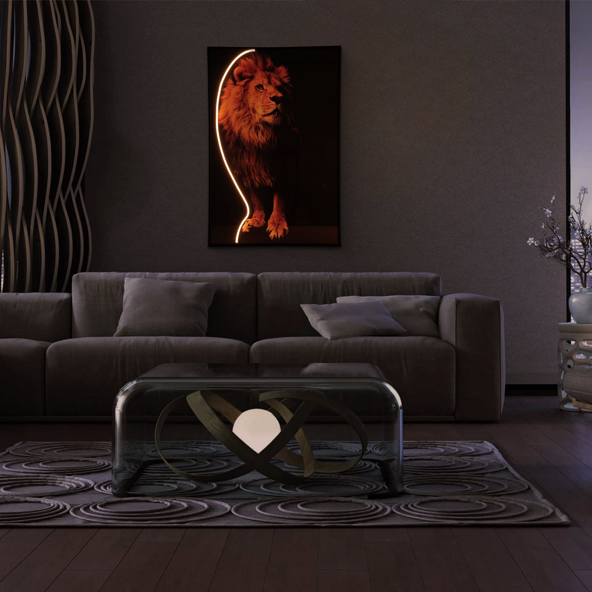 A stunning Lion Wall Art piece illuminated with LED lights, showcasing intricate details and modern design, perfect for home decor.