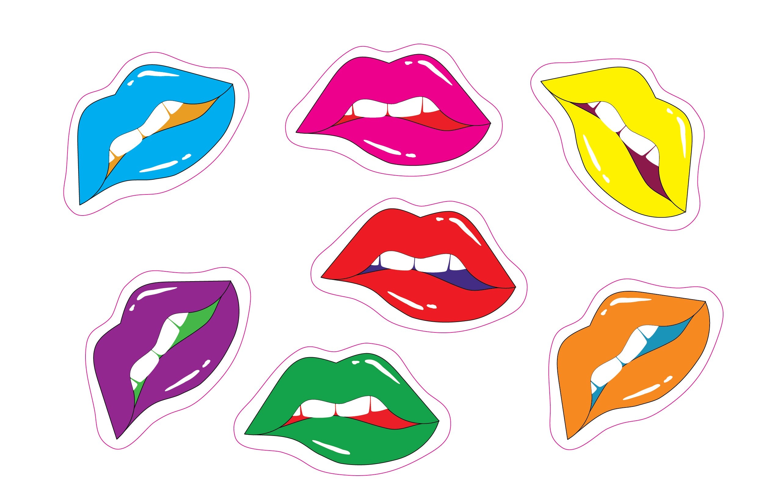 A vibrant collection of lips mirror stickers on a vinyl sheet, showcasing colorful designs perfect for room decor.