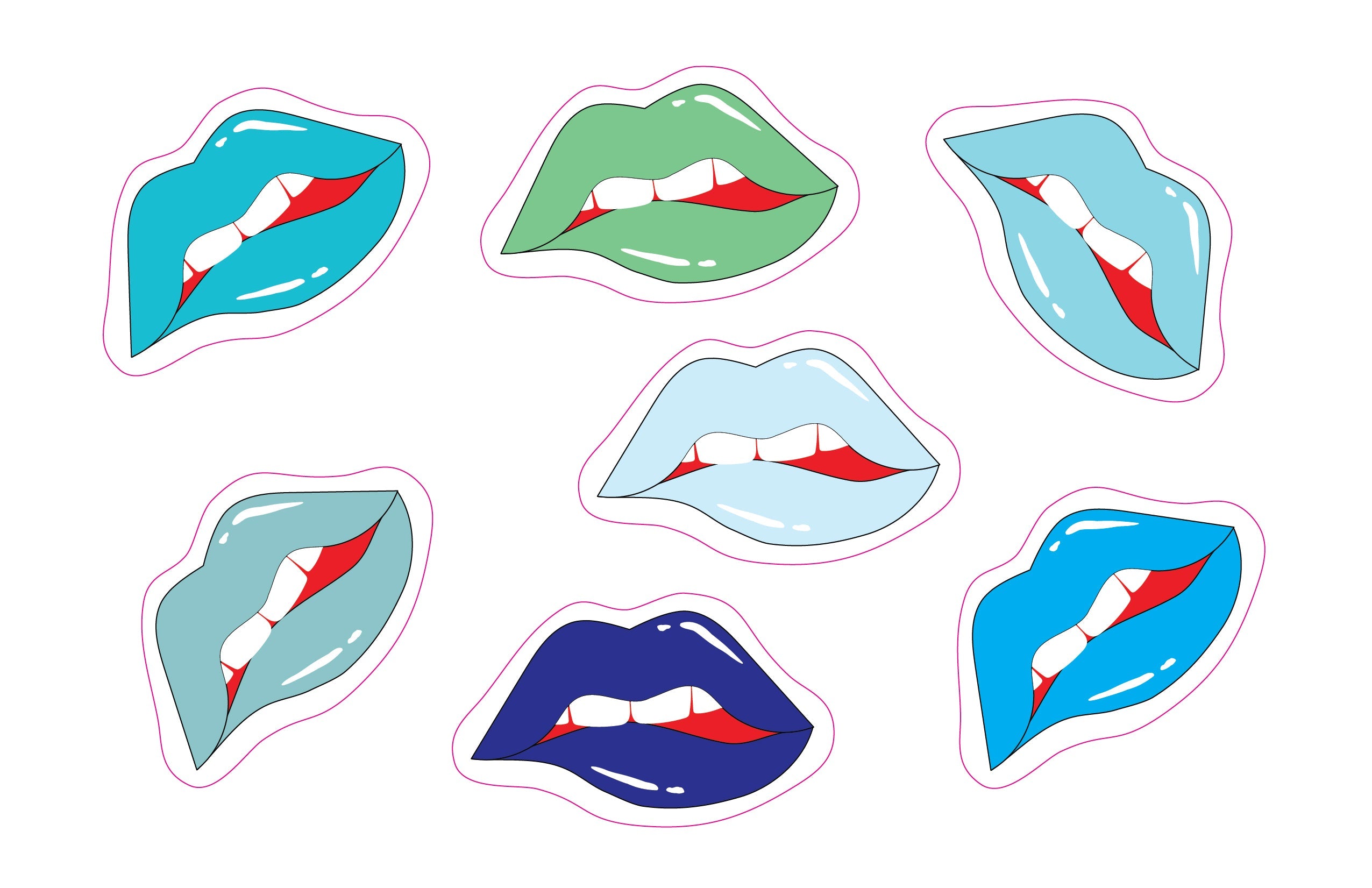 A vibrant collection of lips mirror stickers on a vinyl sheet, showcasing colorful designs perfect for room decor.