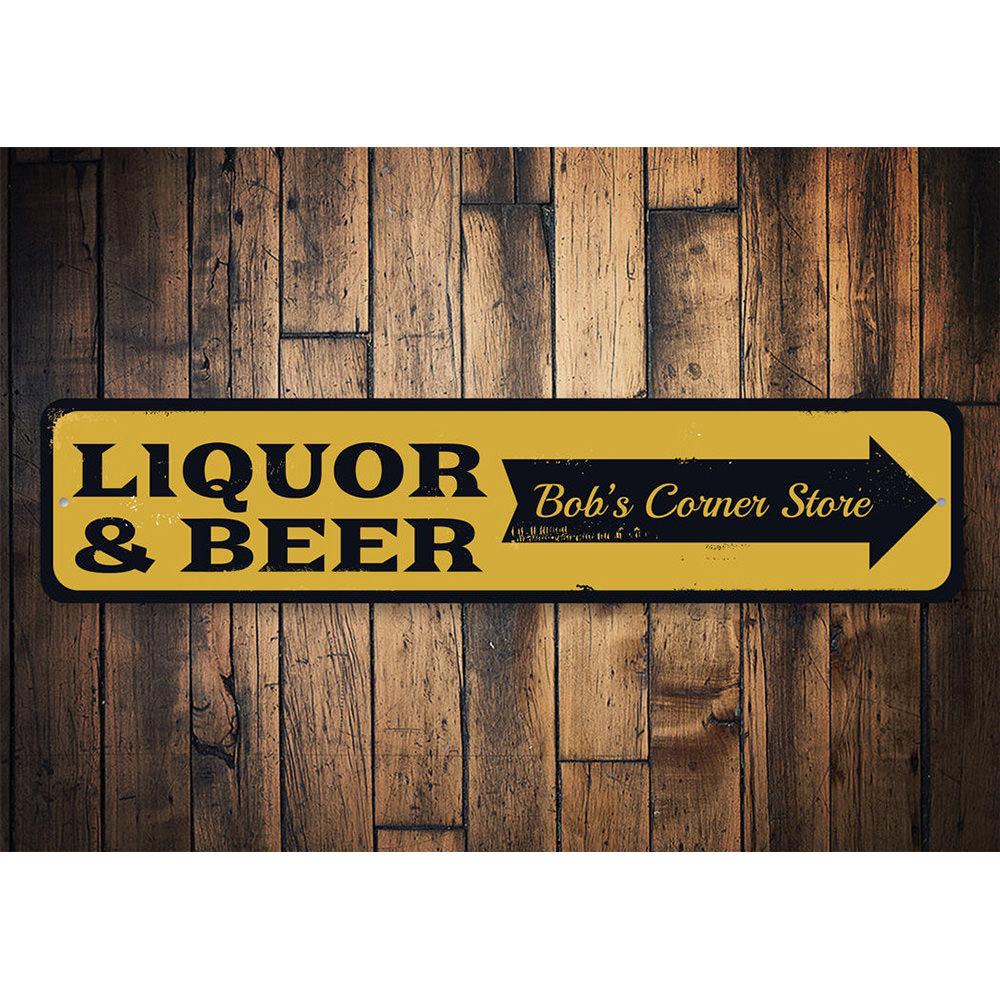 A vibrant Liquor & Beer Arrow Sign made from high-quality aluminum, featuring customizable text options, ideal for bars and man caves.