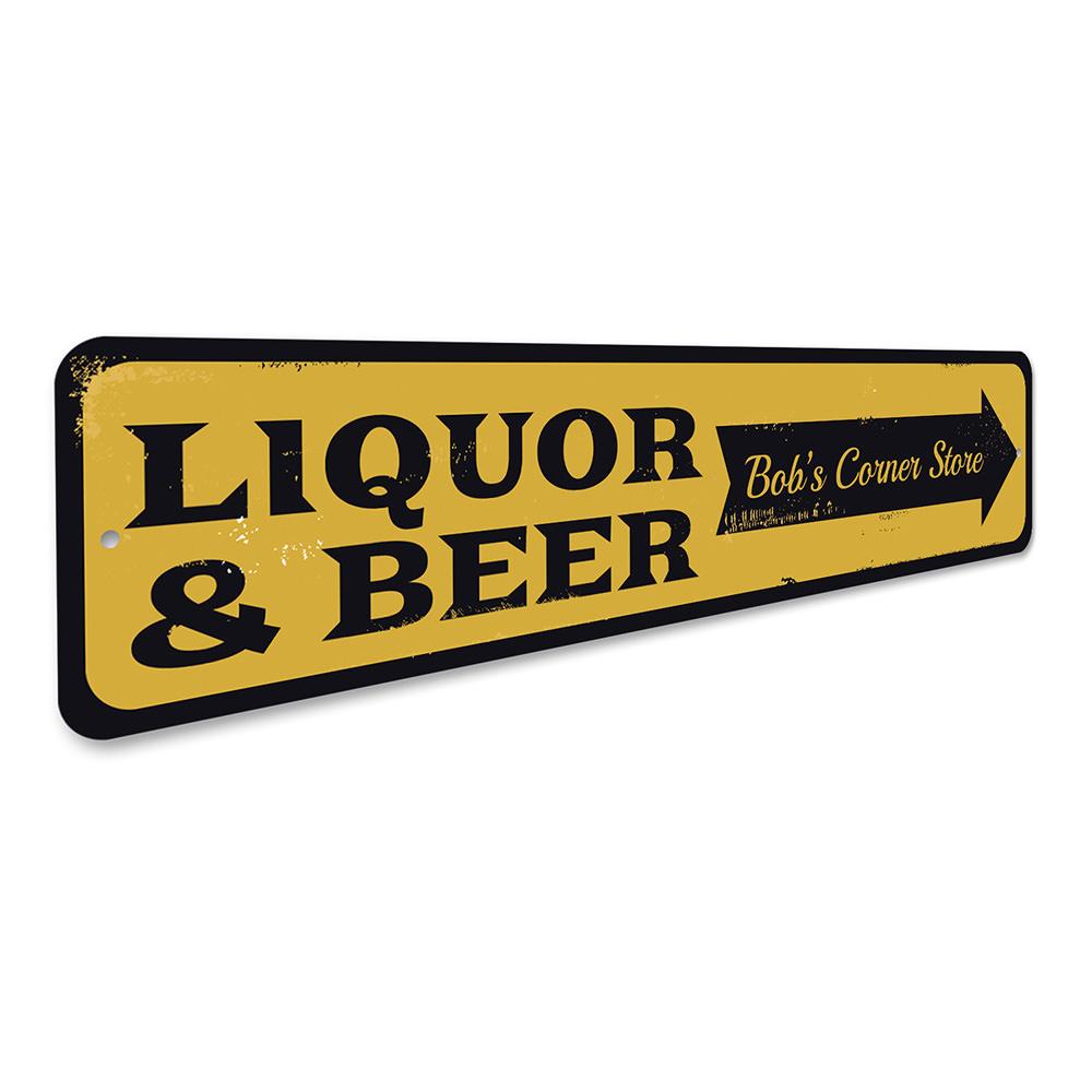 A vibrant Liquor & Beer Arrow Sign made from high-quality aluminum, featuring customizable text options, ideal for bars and man caves.