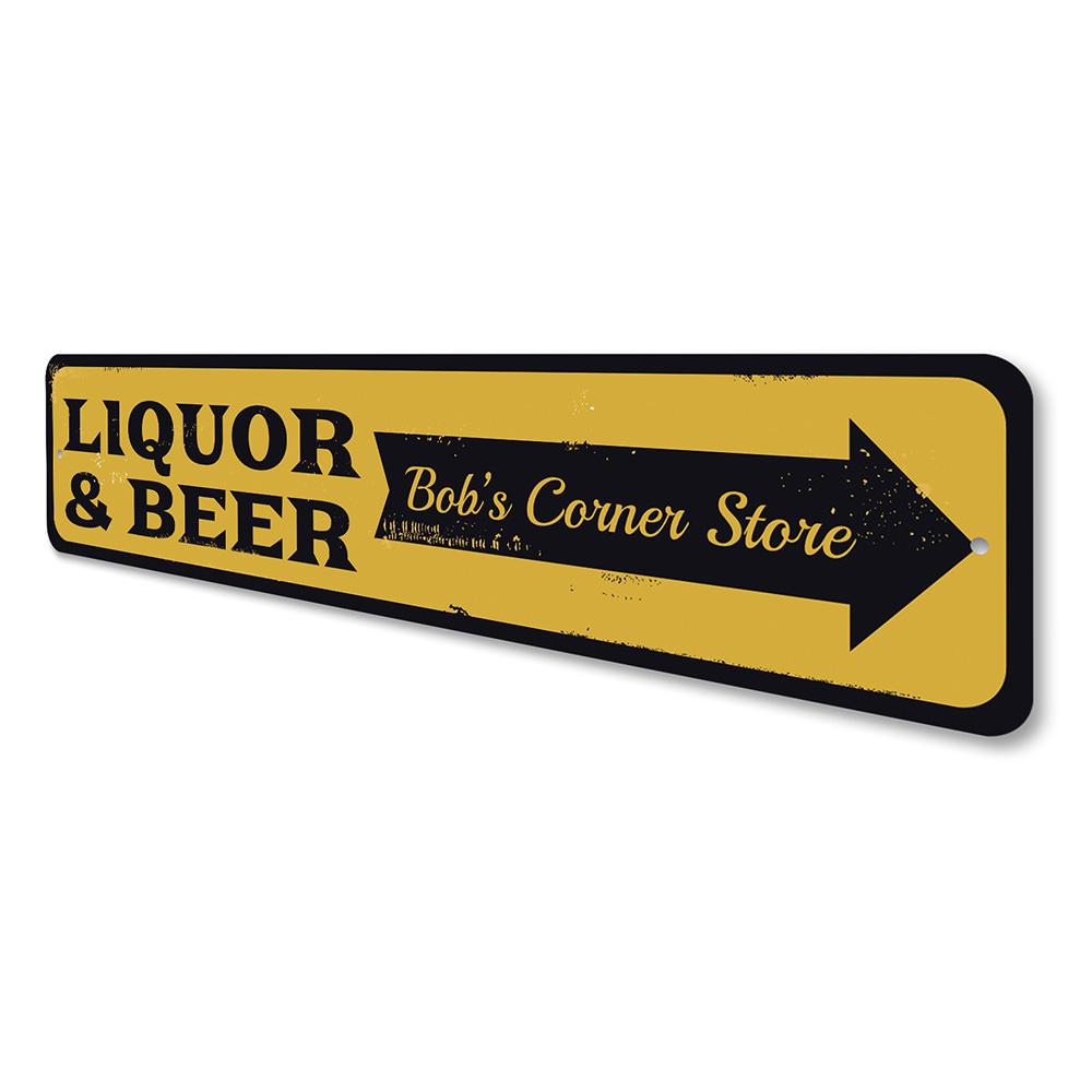 A vibrant Liquor & Beer Arrow Sign made from high-quality aluminum, featuring customizable text options, ideal for bars and man caves.