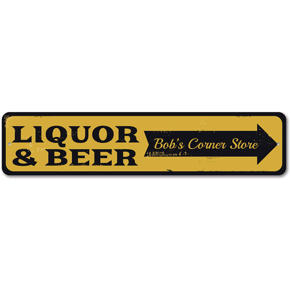 A vibrant Liquor & Beer Arrow Sign made from high-quality aluminum, featuring customizable text options, ideal for bars and man caves.