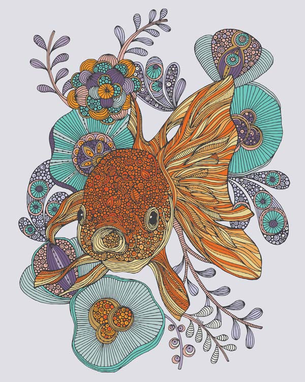 Archival art print of a little fish, showcasing original pen and ink art with vibrant digital coloring on matte card stock.