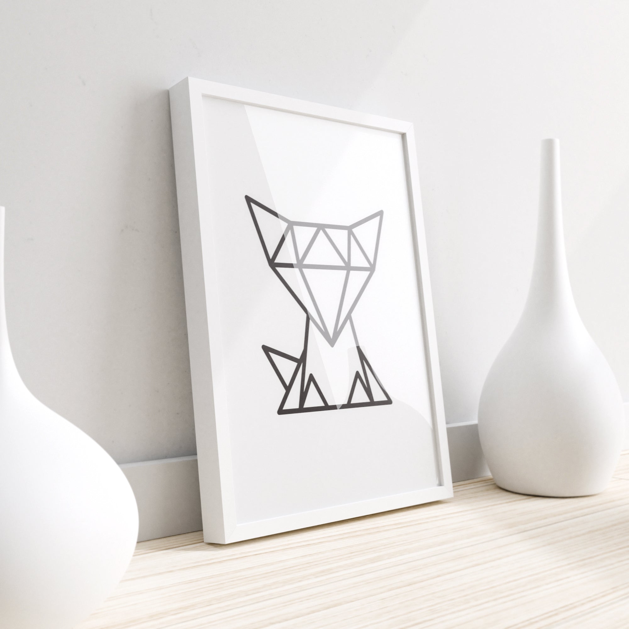 A colorful geometric fox wall print designed for children's room decor, showcasing a playful and artistic style.