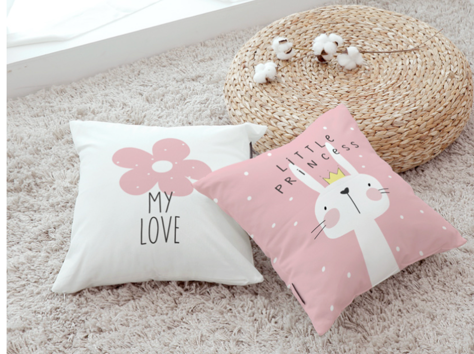 Little Princess A_Rabbit cushion featuring a double-sided design with playful rabbit print, made from high-quality microfibre.