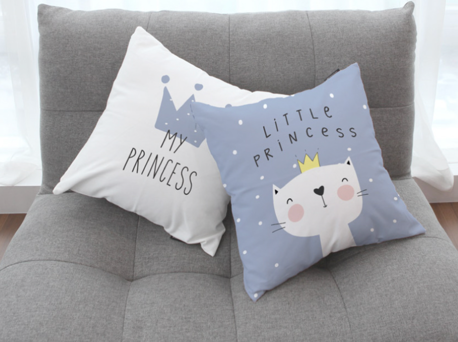 Little Princess B_Kitty cushion featuring a double-sided design in vibrant colors, made from high-quality microfiber with a polyester insert.