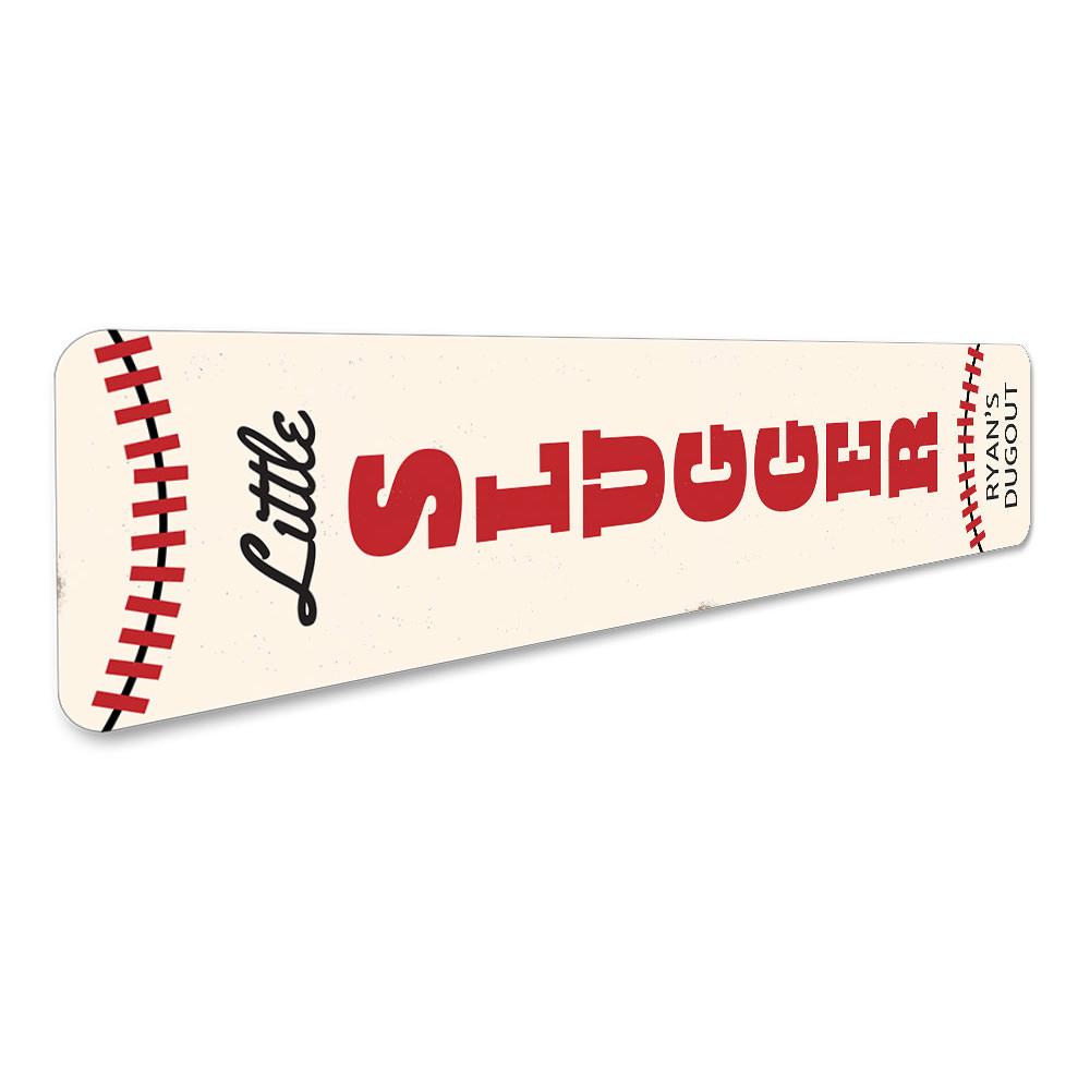 A colorful Little Slugger Sign made of aluminum, featuring customizable text, perfect for children's rooms.