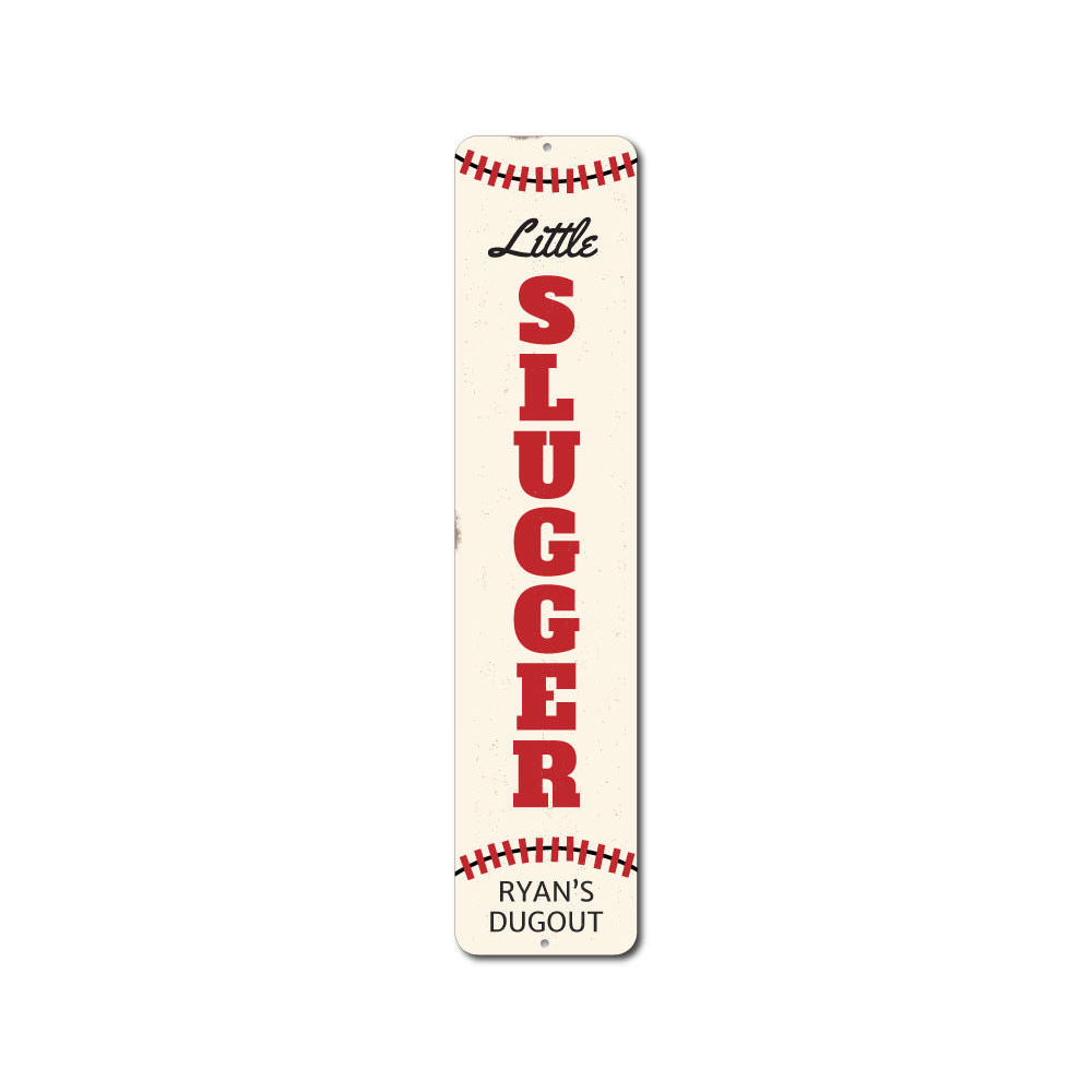 A colorful Little Slugger Sign made of aluminum, featuring customizable text, perfect for children's rooms.