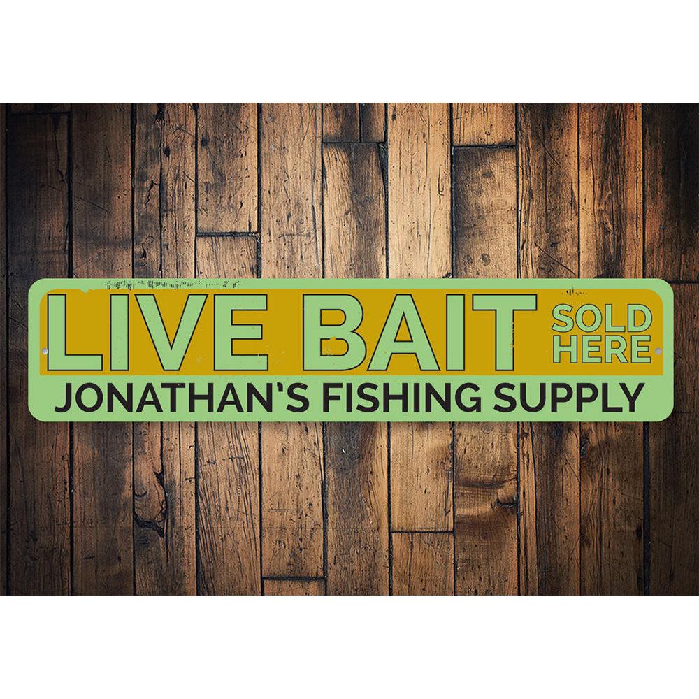 A decorative Live Bait Sign made of high-quality aluminum, featuring customizable text, perfect for lakehouses and outdoor decor.