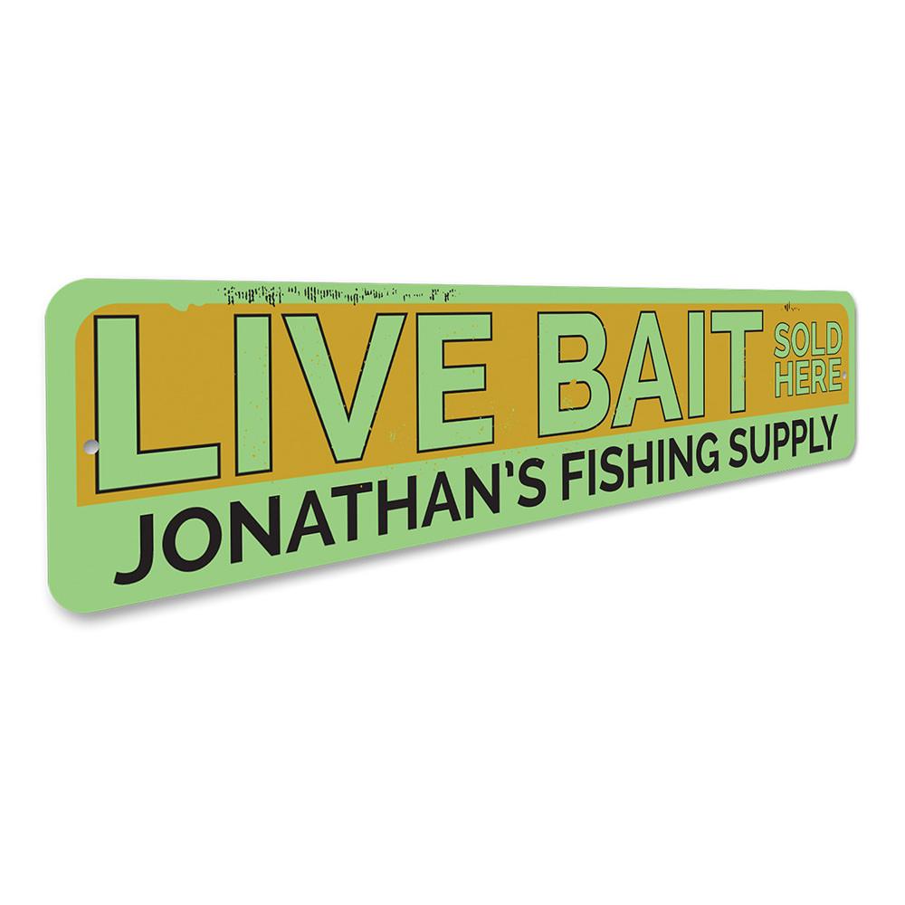 A decorative Live Bait Sign made of high-quality aluminum, featuring customizable text, perfect for lakehouses and outdoor decor.