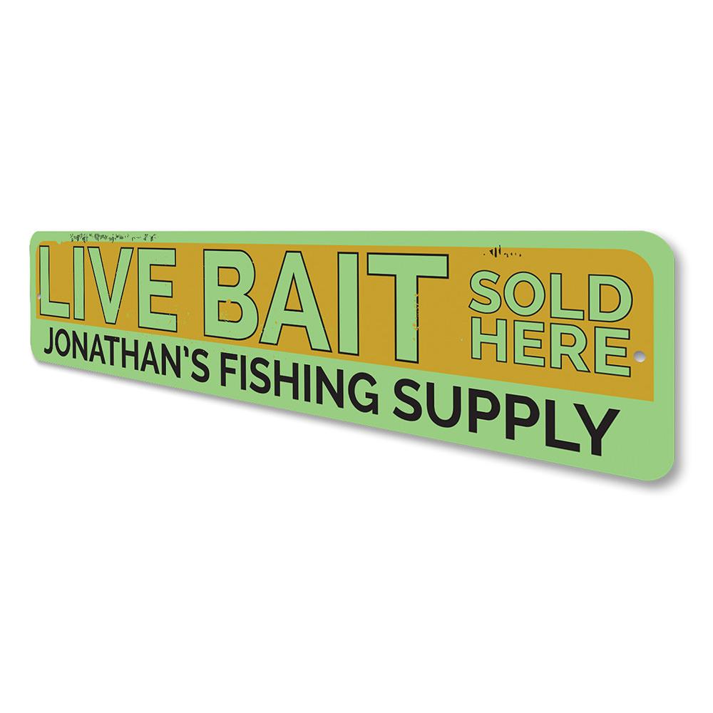 A decorative Live Bait Sign made of high-quality aluminum, featuring customizable text, perfect for lakehouses and outdoor decor.