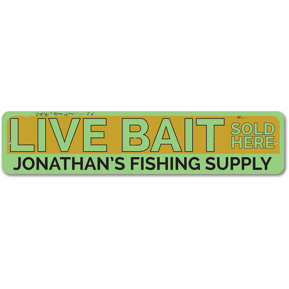 A decorative Live Bait Sign made of high-quality aluminum, featuring customizable text, perfect for lakehouses and outdoor decor.