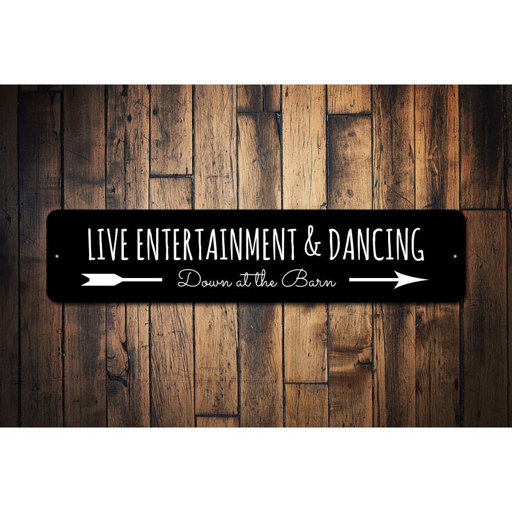 A customizable Live Entertainment Sign made of high-quality aluminum, featuring vibrant colors and a stylish design, perfect for home decor.