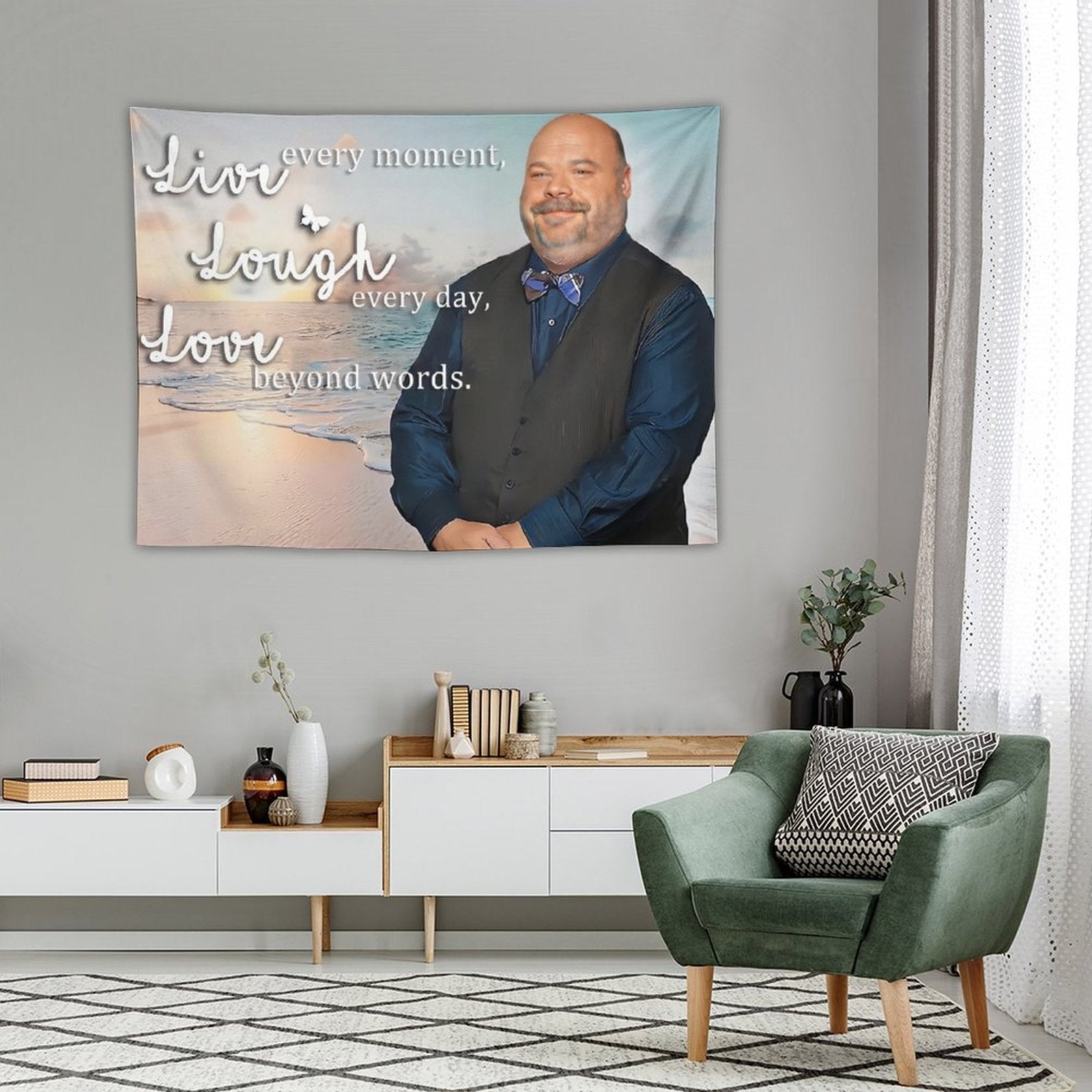 Live, Laugh, Love Bertram Tapestry showcasing vibrant colors and clear patterns, perfect for home decor.