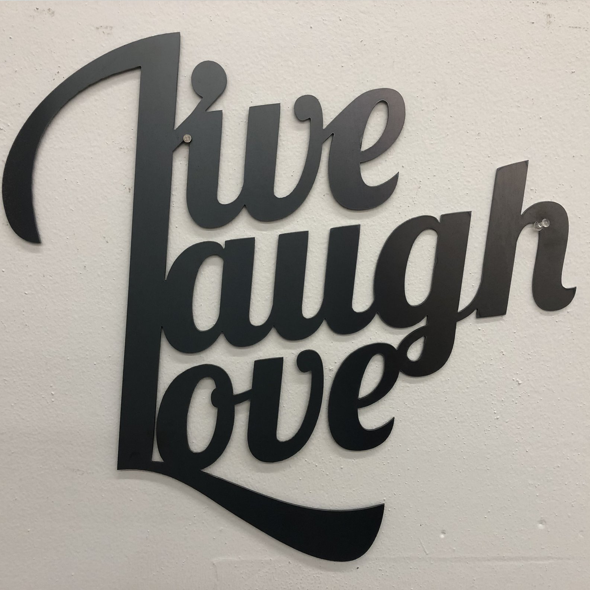 Live Laugh Love Metal Wall Art in black finish, measuring 18x18 inches, perfect for home decor.